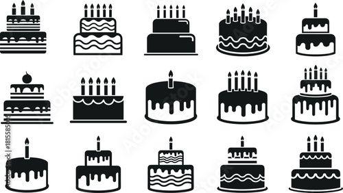 Delicious celebration birthday cakes with lit candles, layered sweet desserts, and dripping frosting vector icon set, ideal for bakery, event, and holiday party illustrations.