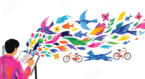 Creative Artist Drawing Colorful World on Canvas Imagination and Expression