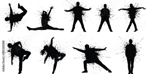 Black Silhouette Dynamic Action Vector Set with Ink Splatter: Hip Hop Dancers, Breakdance Moves, Energetic Performance, and Urban Art Graphics