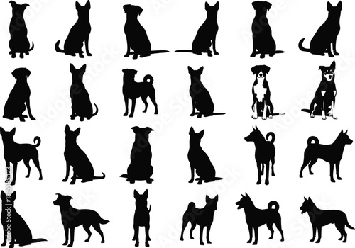 Dog silhouette collection, different breeds sitting and standing poses, pet animal vector set, cad drawing flat vector illustration