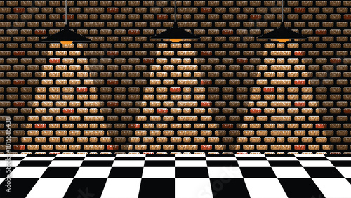 8-bit pixel art background featuring a brick wall and a black and white tiled floor.