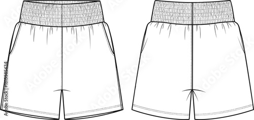 Elastic-waist shorts technical sketch, front and back view, side pockets, straight hem, cad drawing flat vector illustration