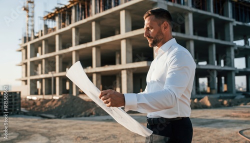 A focused man reviews architectural plans at an unfinished building site
