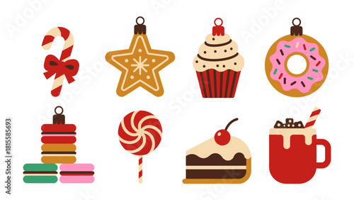 Festive Sweet Delights: An array of adorable and colorful dessert-themed ornaments, each designed with unique charm, add a touch of whimsy and joy. These cute.