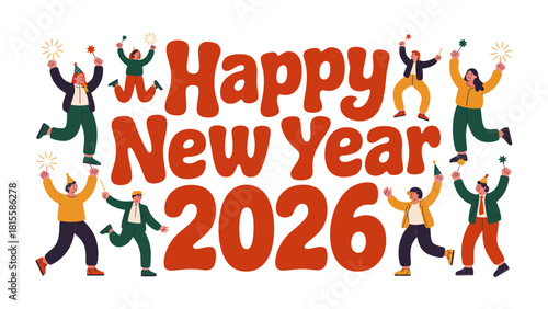 New Year 2026 Celebration: A lively animated image of individuals gathered to commemorate the commencement of the New Year, expressing exuberance and joy with festive sparklers in hand.