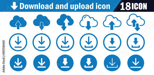 Blue download and upload icon set. Vector collection of 18 cloud and circular button symbols for data transfer.
