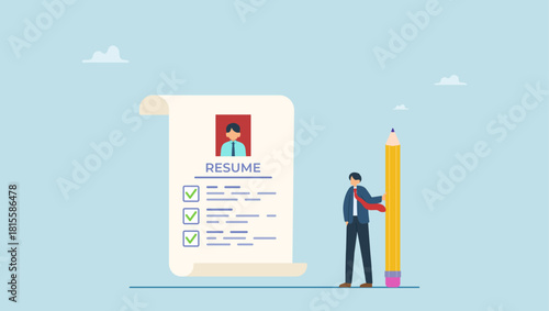 Professional businessman finish writing resume. Writing best resume or CV or applying new job, professionally describe work experience for advantages, career and recruitment.