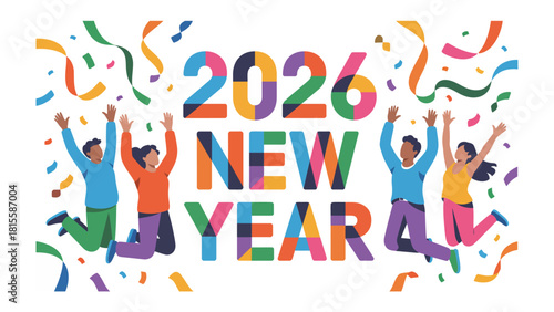 New Year 2026 Celebration: A vibrant visual encapsulates the dawn of 2026, with colorful confetti raining down as people jump for joy and celebrate the New Year.