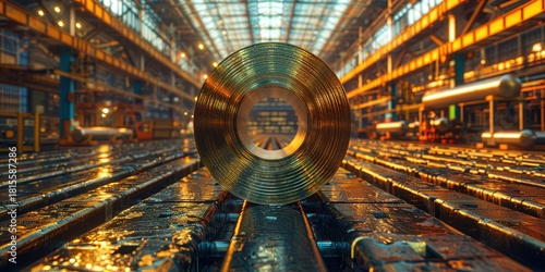 Golden steel roll on conveyor belt ready for industrial manufacturing process today