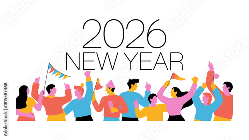 New Year 2026 Celebration: Diverse individuals gather, hands raised in a vibrant celebration of the new year, filled with hope and excitement for 2026. 