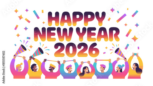 New Year Celebration in 2026: A vibrant ensemble of individuals jubilantly welcomes the New Year, their colorful silhouettes set against a backdrop of festive confetti and excitement.  