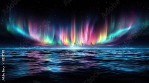 Spectacular Aurora Borealis Display Reflecting on Calm Waters at Night.