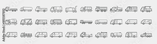 Delivery, Transport & Utility Vehicle Icons Set . Cargo Vans, Trucks, Industrial Machines & Service Vehicles Collection.