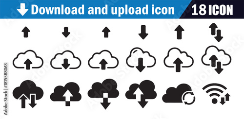 Download and upload icon set. Vector collection of 18 cloud, arrow, and wifi symbols for data transfer