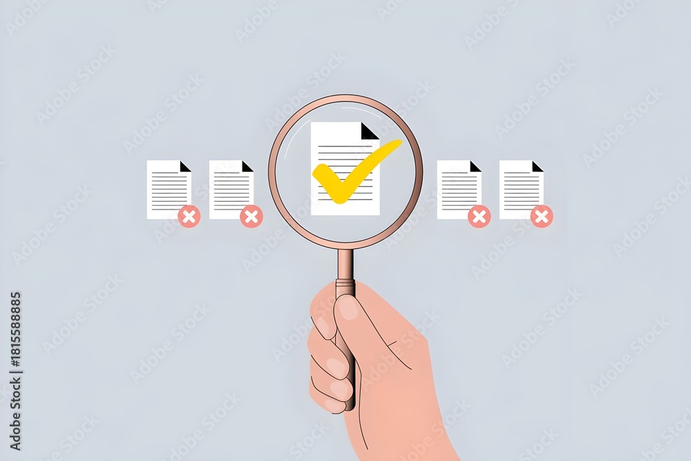 Fototapeta premium Document approval concept hand holding magnifying glass over approved file vector illustration for business process and quality control