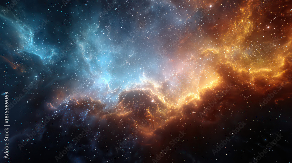 Obraz premium Vibrant cosmic nebula with swirling blue and orange hues