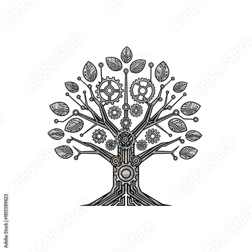 Steampunk tree with circuit board branches and gear leaves, symbolizing the fusion of nature and technology.