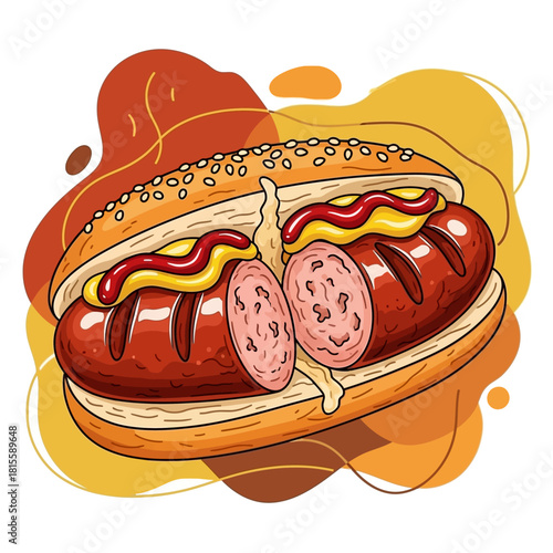 A vibrant cartoon illustration of a grilled sausage in a sesame bun, topped with yellow mustard and red ketchup, with one half sliced open.