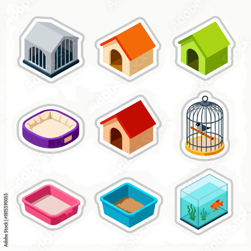 Isometric pet supplies set houses cages beds and aquariums