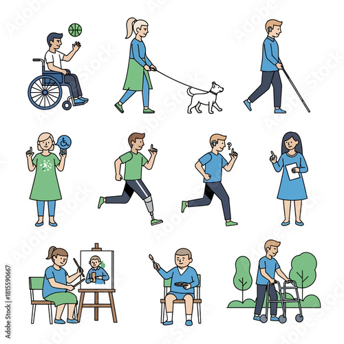 Diverse people with disabilities engaged in daily activities, hobbies, and sports, illustrating inclusion and accessibility.