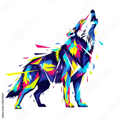 Vibrant geometric wolf howling illustration with a shattered, colorful abstract design on a white background, showcasing modern artistic style.