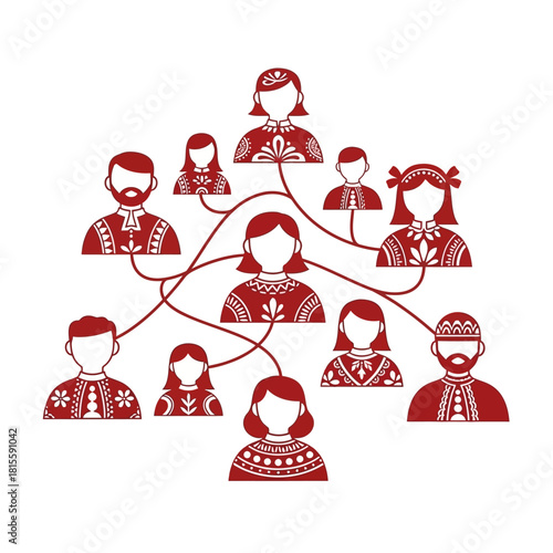 A stylized illustration of a family tree or social network with people in traditional folk costumes connected by lines.