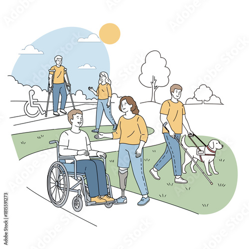 People with disabilities enjoying a sunny day in a park, promoting inclusivity and accessibility.