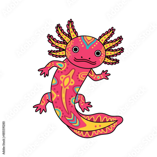 A vibrant pink axolotl with intricate yellow, blue, and orange patterns, showcasing a stylized and colorful design.