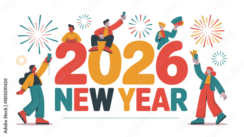 Fototapeta premium A New Year of Cheer: An artistic and colorful illustration depicting the spirit of the New Year, featuring diverse individuals celebrating the upcoming year 2026 amid a lively display of fireworks.