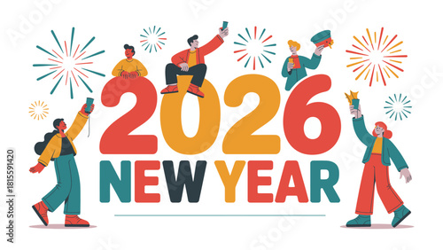 A New Year of Cheer: An artistic and colorful illustration depicting the spirit of the New Year, featuring diverse individuals celebrating the upcoming year 2026 amid a lively display of fireworks.