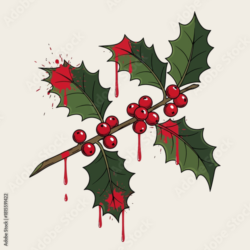 A sprig of holly with green leaves and red berries, splattered and dripping with blood, on a light background.