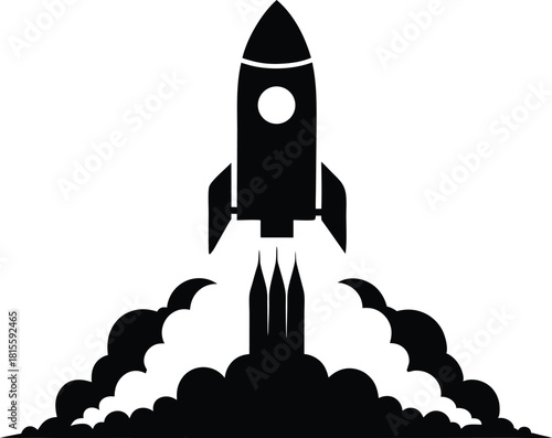 Black rocket launching with smoke and flames