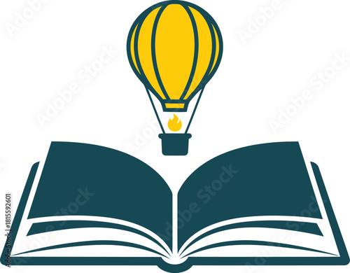 2D minimalist logo of open book with hot air balloon rising from pages in flat vector