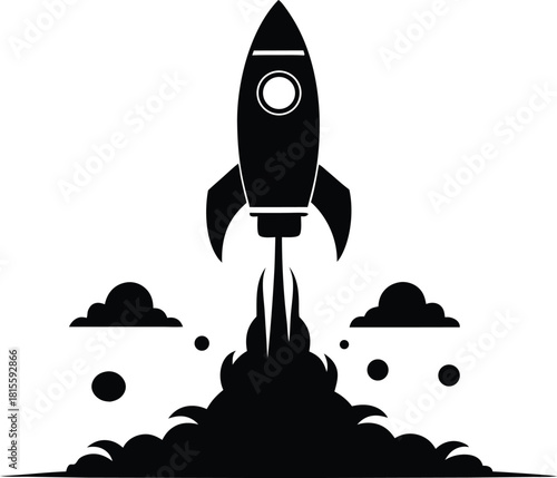 Black rocket launching with smoke and flames