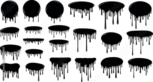 Black Dripping Ink Vector Set, Isolated Paint Spots, Floating Oil Blots Illustration, Ink Splatter Black Stain