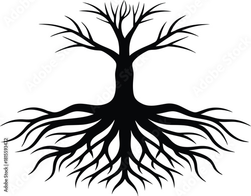 Black silhouette of a bare tree with visible roots