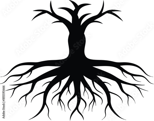 Black silhouette of a bare tree with visible roots