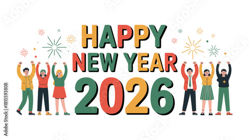 Celebratory New Year 2026: Festive graphic illustration depicting a jubilant gathering, heralding the arrival of the New Year with raised hands, symbolic of hope and unity. 