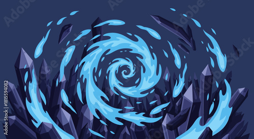 Mystical Blue Swirling Portal with Dark Crystal Formations.