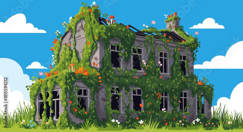 Old Abandoned House Covered in Lush Green Vines and Blooming Flowers.