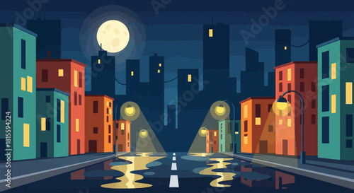 Night city street with buildings and streetlights reflecting in puddles under a full moon.
