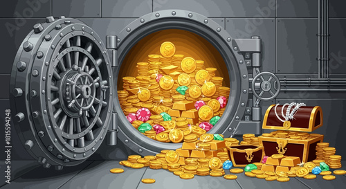 Open Bank Vault Overflowing with Gold Coins and Treasure Chests.