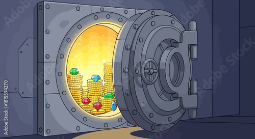 Open bank vault revealing stacks of gold coins and precious jewels.