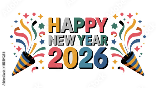 New Year 2026 Celebration: Vibrant design announces the dawn of a fresh year with colorful confetti and celebratory elements. 