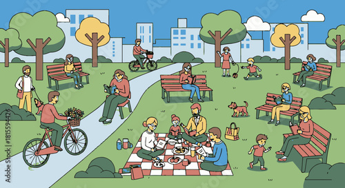 People enjoying various activities in a vibrant city park on a sunny day.