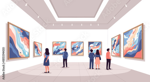 People admiring abstract paintings in a modern art gallery.