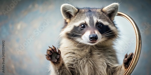 A curious raccoon playfully interacts with a metallic hoop, extending a paw in a welcoming gesture against a soft, muted backdrop