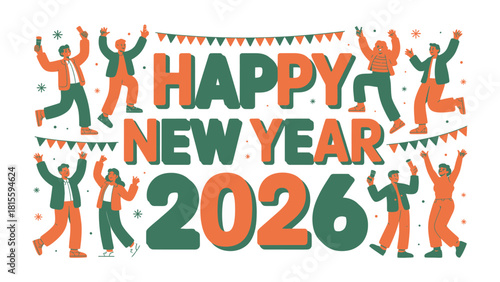 Joyful New Year Celebration: A vibrant scene of people celebrating New Year 2026, creating an atmosphere of anticipation and joy, with lively figures and colorful decorations.