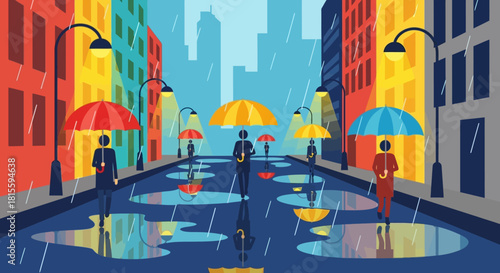 People with colorful umbrellas walking on a rainy city street.