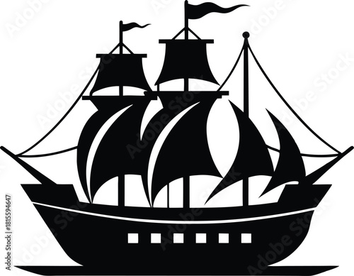 Classic tall ship silhouette with full sails vector illustration